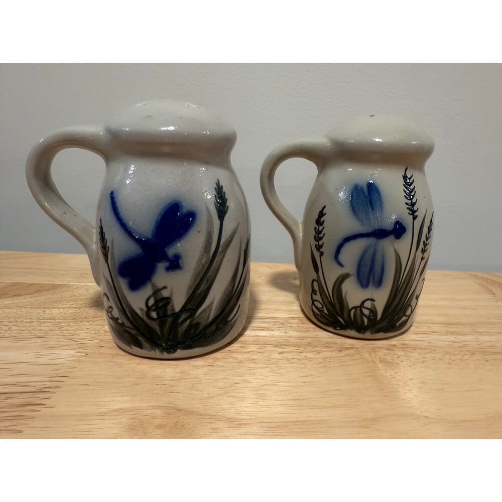 Rowe Pottery Stoneware Salt & Pepper Shakers Blue Dragonfly Pattern